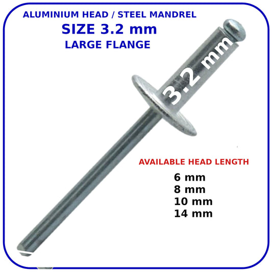 POP RIVETS 3.2mm LARGE FLANGE ALUMINIUM HEAD-STEEL MANDREL DOME BLIND