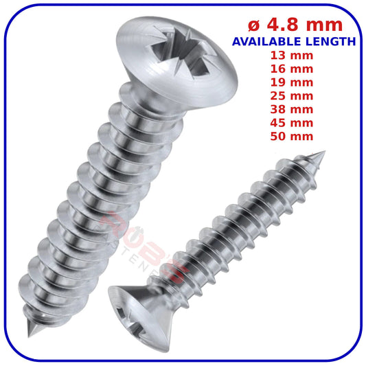 ø 4.8mm SELF TAPPING SCREWS RAISED COUNTERSUNK HEAD POZI ZINC PLATED