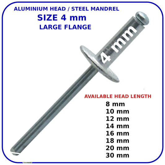 POP RIVETS 4mm LARGE FLANGE ALUMINIUM HEAD-STEEL MANDREL DOME BLIND