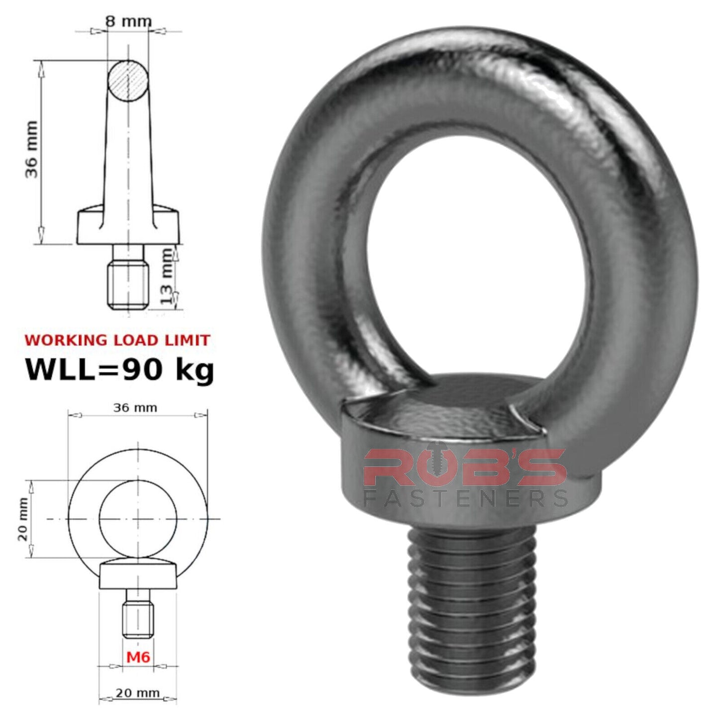 LIFTING EYE BOLTS M6 6 mm BOLT NUTS GALVANIC ZINC MALE METRIC LOAD LIMIT 90 kg