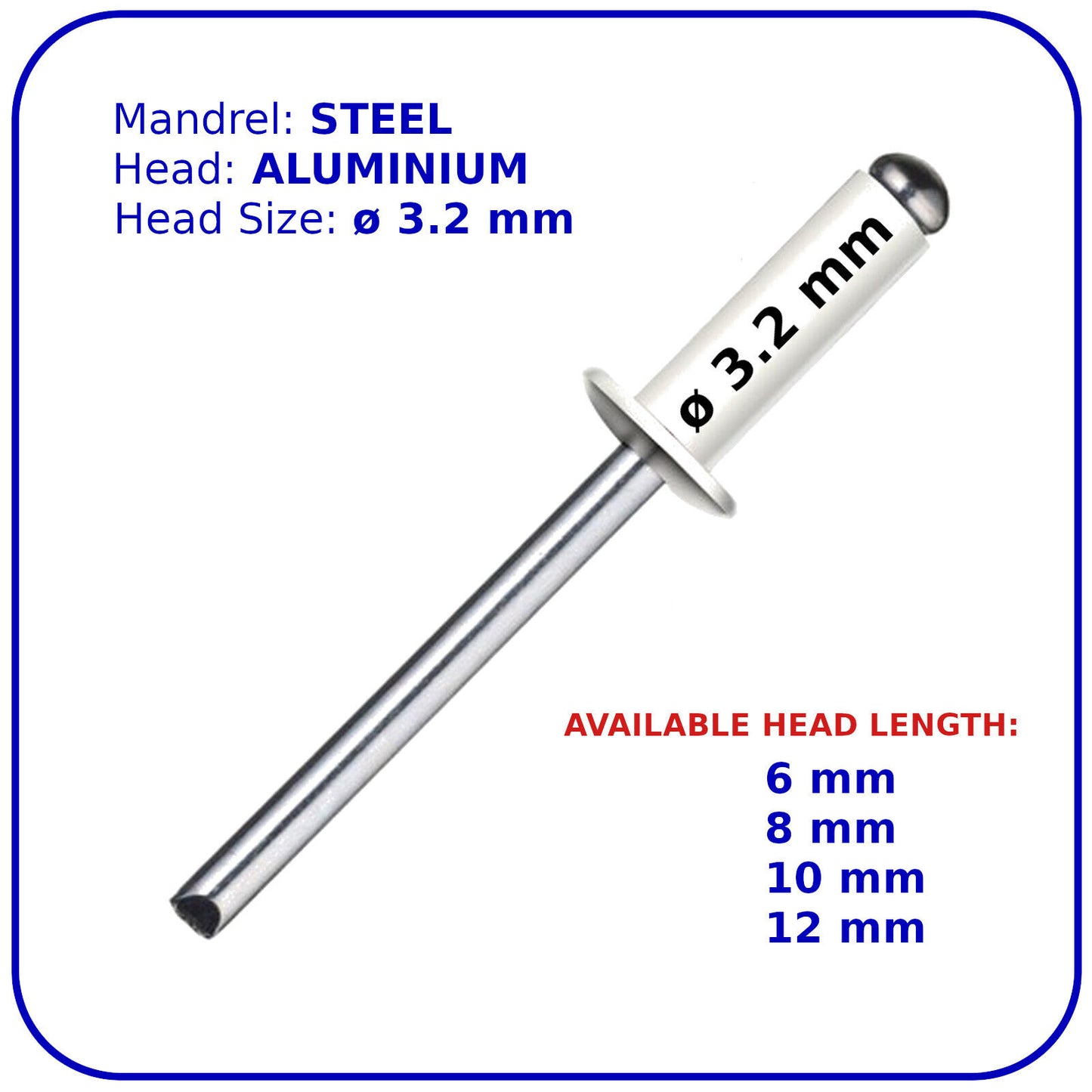 Pop Rivets WHITE 3.2 mm Aluminium Head Steel Mandrel Dome Blind Rivet Coloured