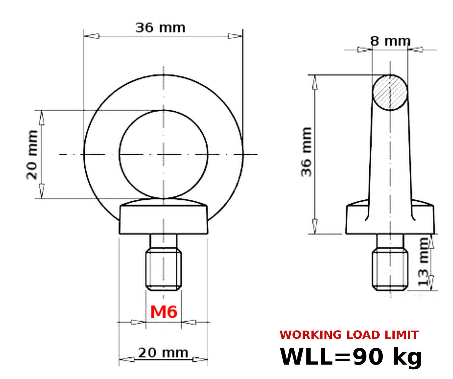 LIFTING EYE BOLTS M6 6 mm BOLT NUTS GALVANIC ZINC MALE METRIC LOAD LIMIT 90 kg