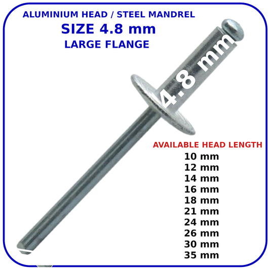 POP RIVETS 4.8mm LARGE FLANGE ALUMINIUM HEAD-STEEL MANDREL DOME BLIND