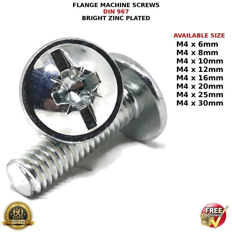 Machine Screws M4 4mm Flange Button Head Pozi Drive Zinc Plated Metric DIN 967