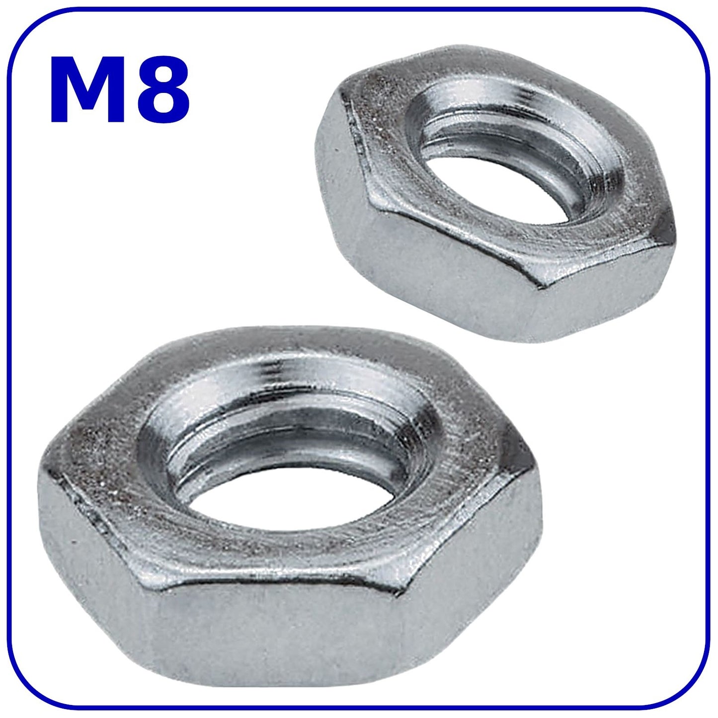 M8 Thin Half Lock Nuts Hex 1.25mm Thread Pitch BZP Zinc Plated Steel DIN 439