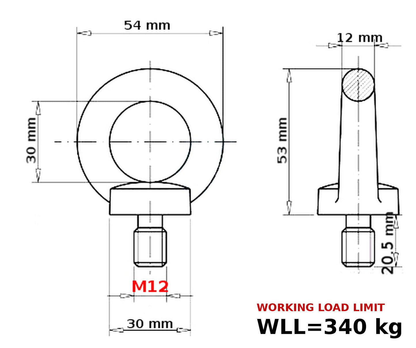 LIFTING EYE BOLTS M12 12 mm BOLT NUTS GALVANIC ZINC MALE METRIC LOAD LIMIT 340kg