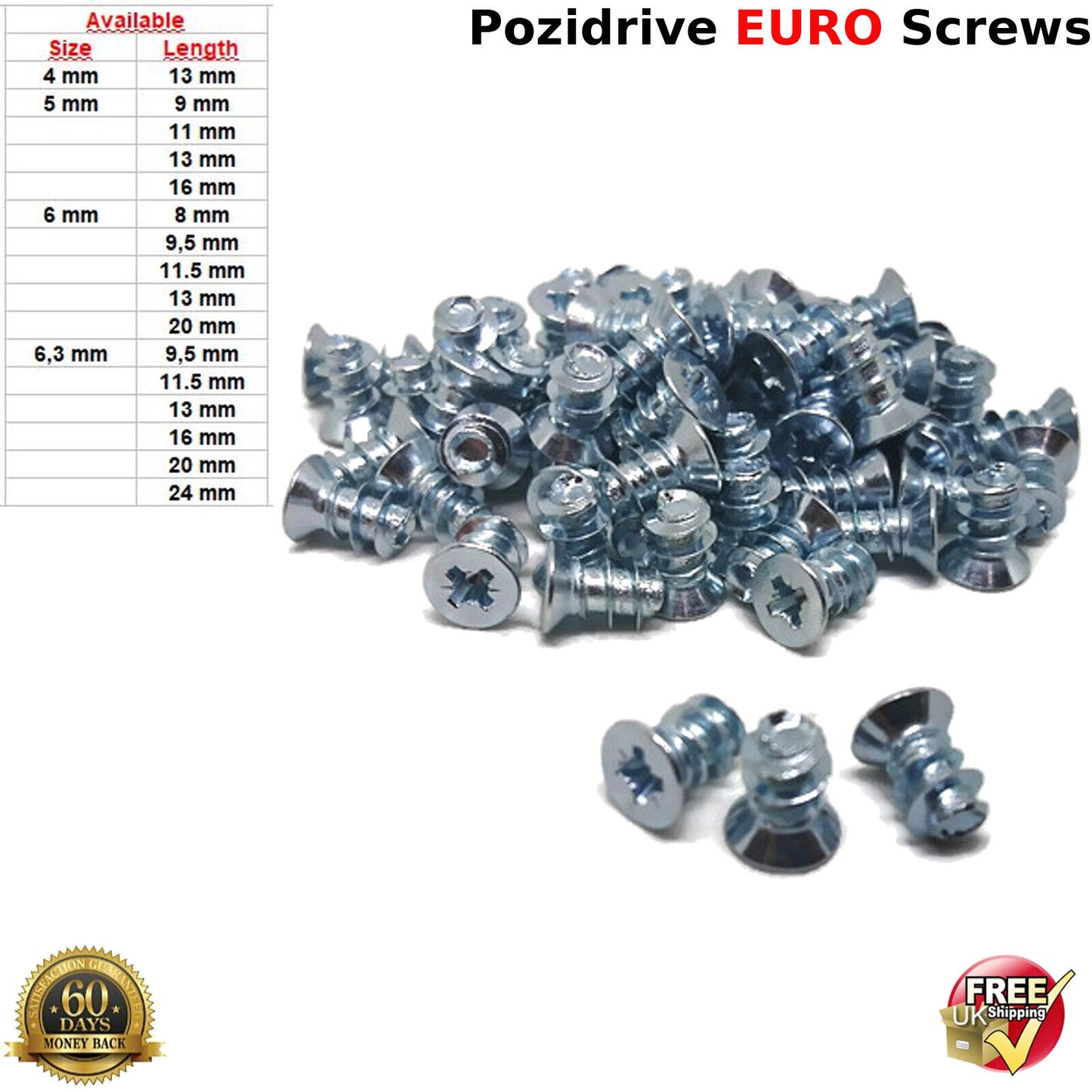 M6 6mm x 20mm FURNITURE SCREWS MOUNTING DRAW RUNNERS HINGES FLAT HEAD EURO SCREW
