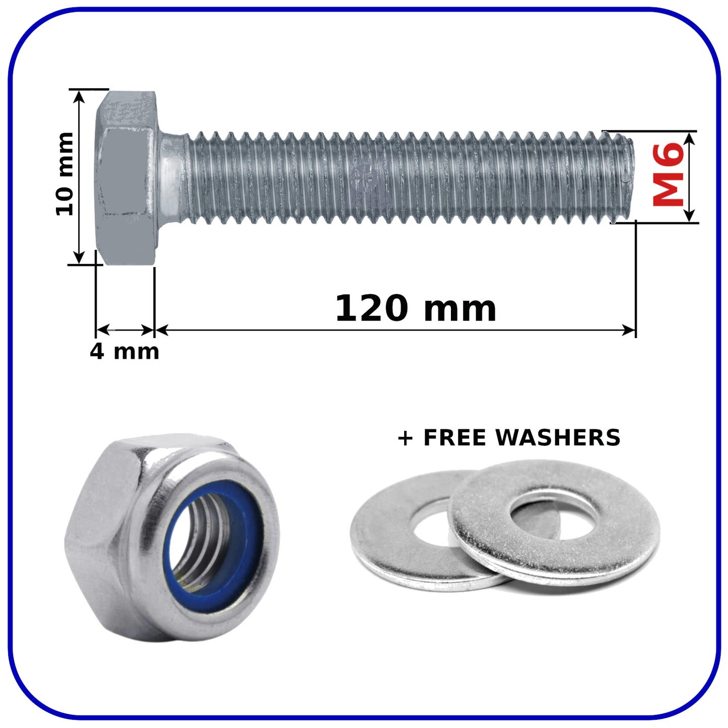 M6 Hex Set Screws Nyloc Nuts and Washers Zinc Plated BZP Full Thread Bolts 8.8