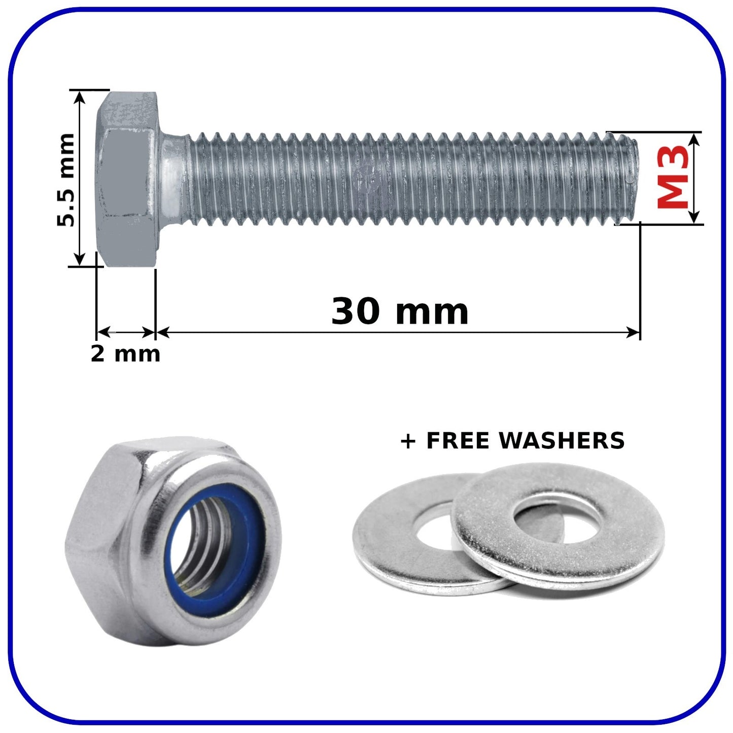 M3 Hex Set Screws Nyloc Nuts and Washers Zinc Plated BZP Full Thread Bolts 8.8