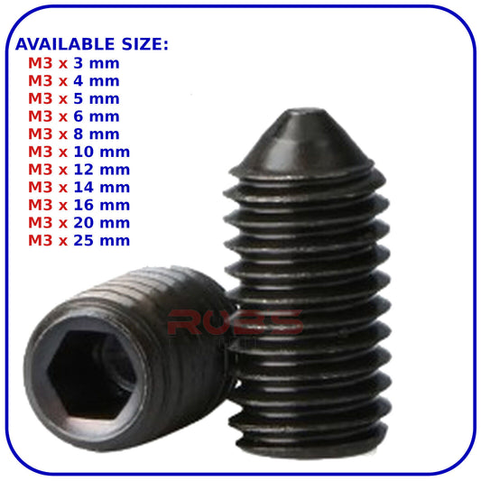 M3 (ø 3 mm) SOCKET GRUB SCREWS CONE POINT BLACK