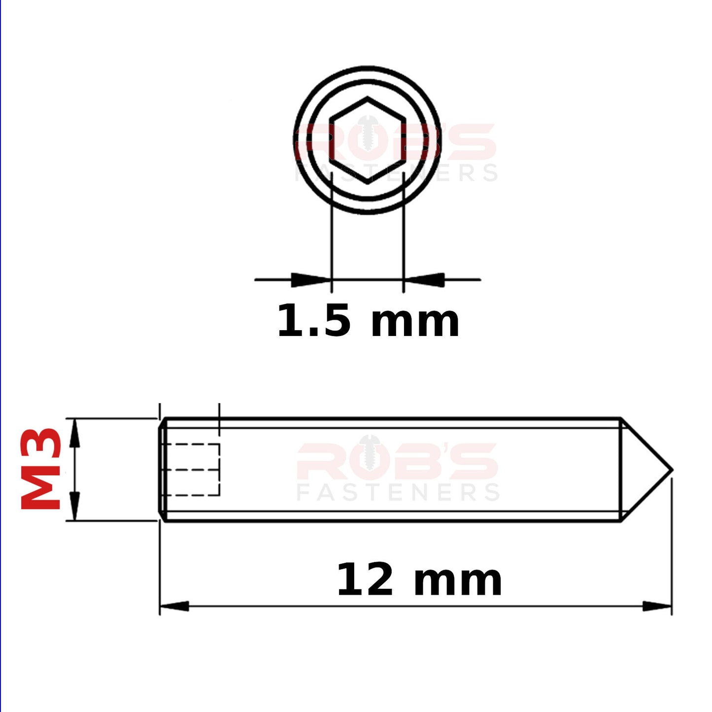 M3 (ø 3 mm) SOCKET GRUB SCREWS CONE POINT BLACK