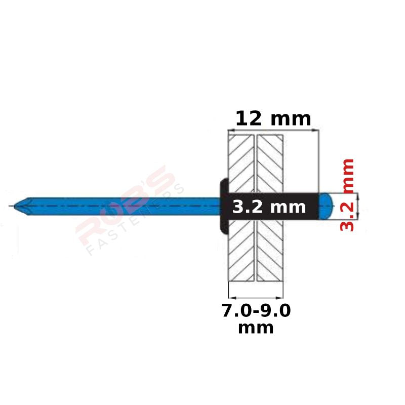 Pop Rivets BLACK 3.2 mm Aluminium Head Steel Mandrel Dome Blind Rivet Coloured