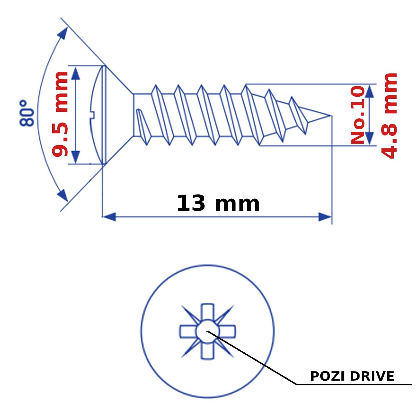 ø 4.8mm SELF TAPPING SCREWS RAISED COUNTERSUNK HEAD POZI ZINC PLATED