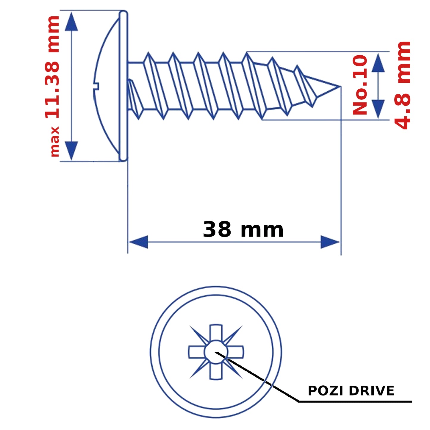 4.8mm (No. 10) Self Tapping Screws Flange Head Pozi