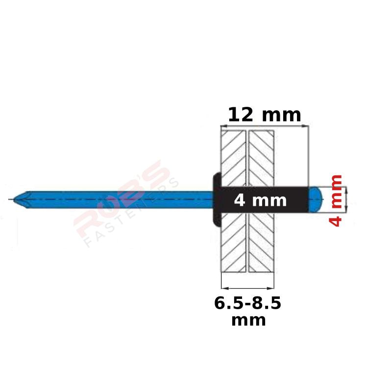 Pop Rivets BLACK 4 mm Aluminium Head Steel Mandrel Dome Blind Rivet Coloured