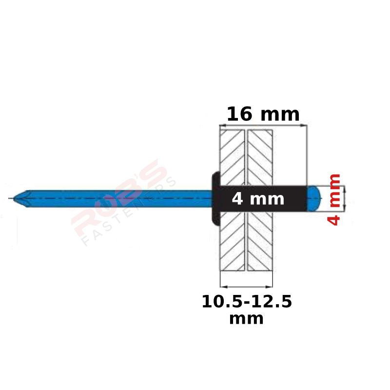 Pop Rivets BLACK 4 mm Aluminium Head Steel Mandrel Dome Blind Rivet Coloured