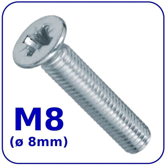 MACHINE SCREWS M8 8mm COUNTERSUNK FLAT HEAD POZIDRIVE DIN 965 ZINC PLATED METRIC