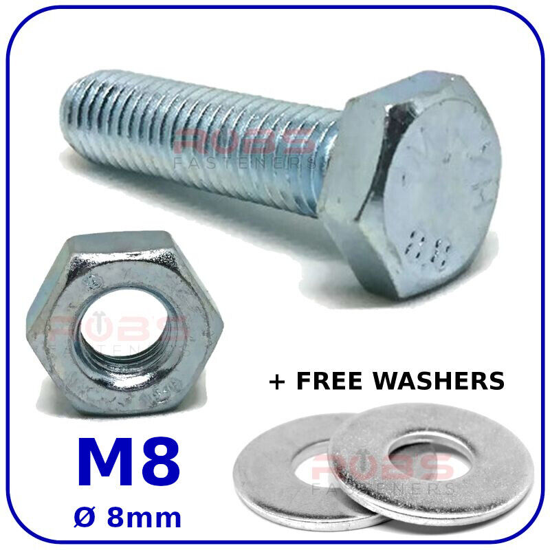BOLTS AND NUTS M8 (8mm) FULLY THREADED SCREWS SET SCREW ZINC PLATED FREE WASHERS