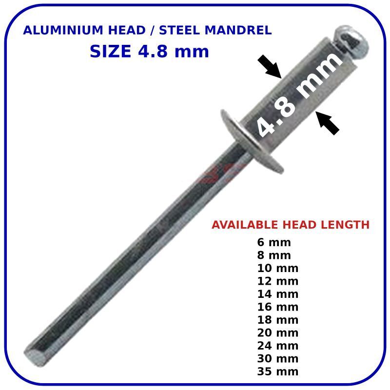 Pop Rivets 4.8mm Rivet Aluminium Head Steel Mandrel Dome Head Blind Standard