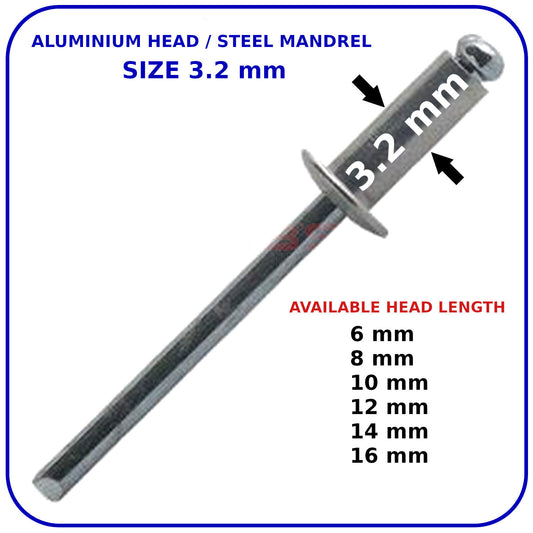 Pop Rivets 3.2mm Rivet Aluminium Head Steel Mandrel Dome Head Blind Standard