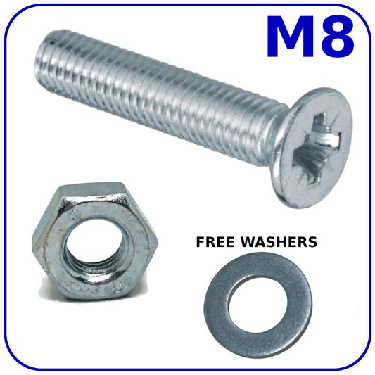 M8 (ø 8mm) MACHINE SCREWS COUNTERSUNK + NUTS & FREE WASHERS