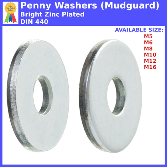 PENNY REPAIR MUDGUARD WASHERS M5 M6 M8 M10 M12 M16 BRIGHT ZINC PLATED DIN 440