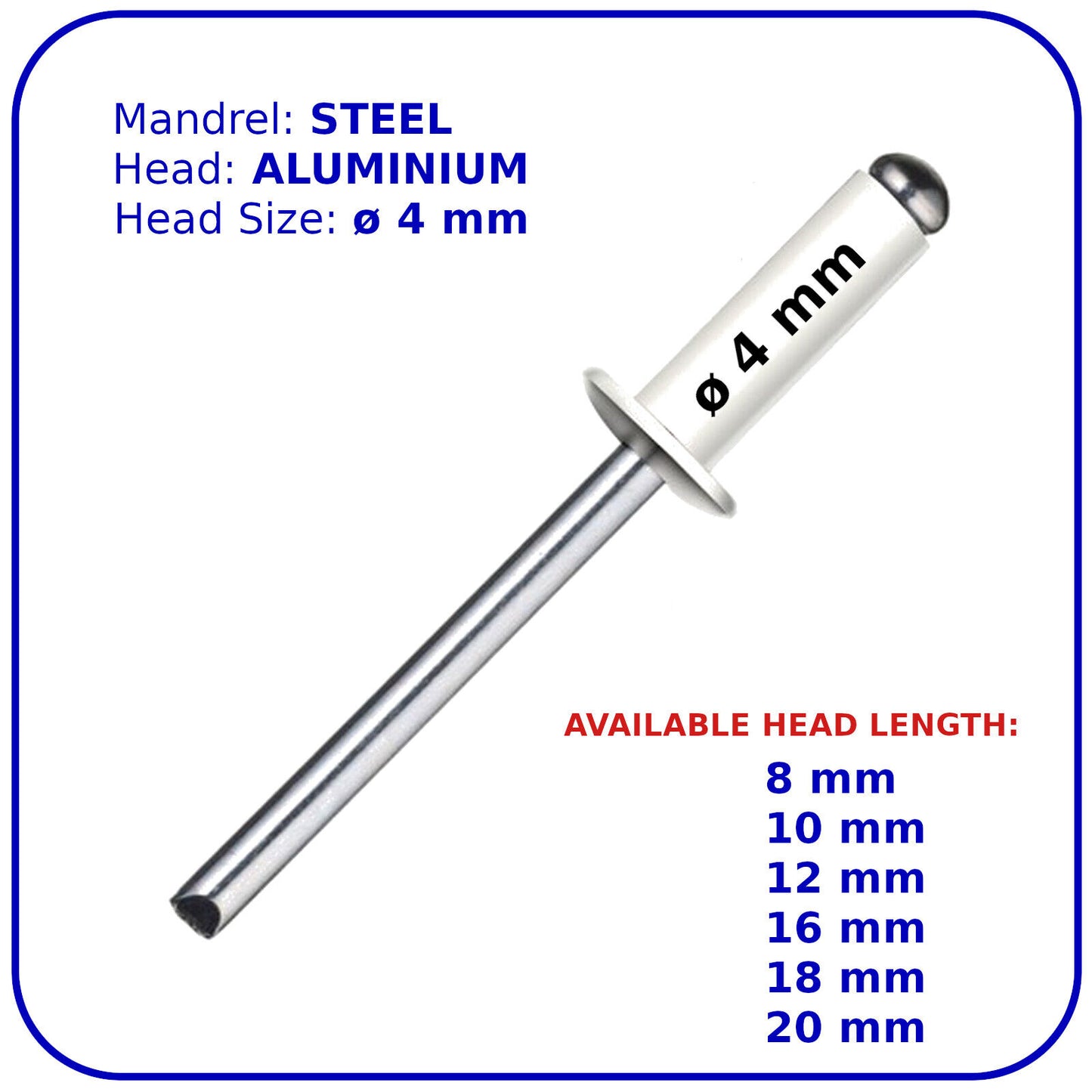 Pop Rivets WHITE 4 mm Aluminium Head Steel Mandrel Dome Blind Rivet Coloured