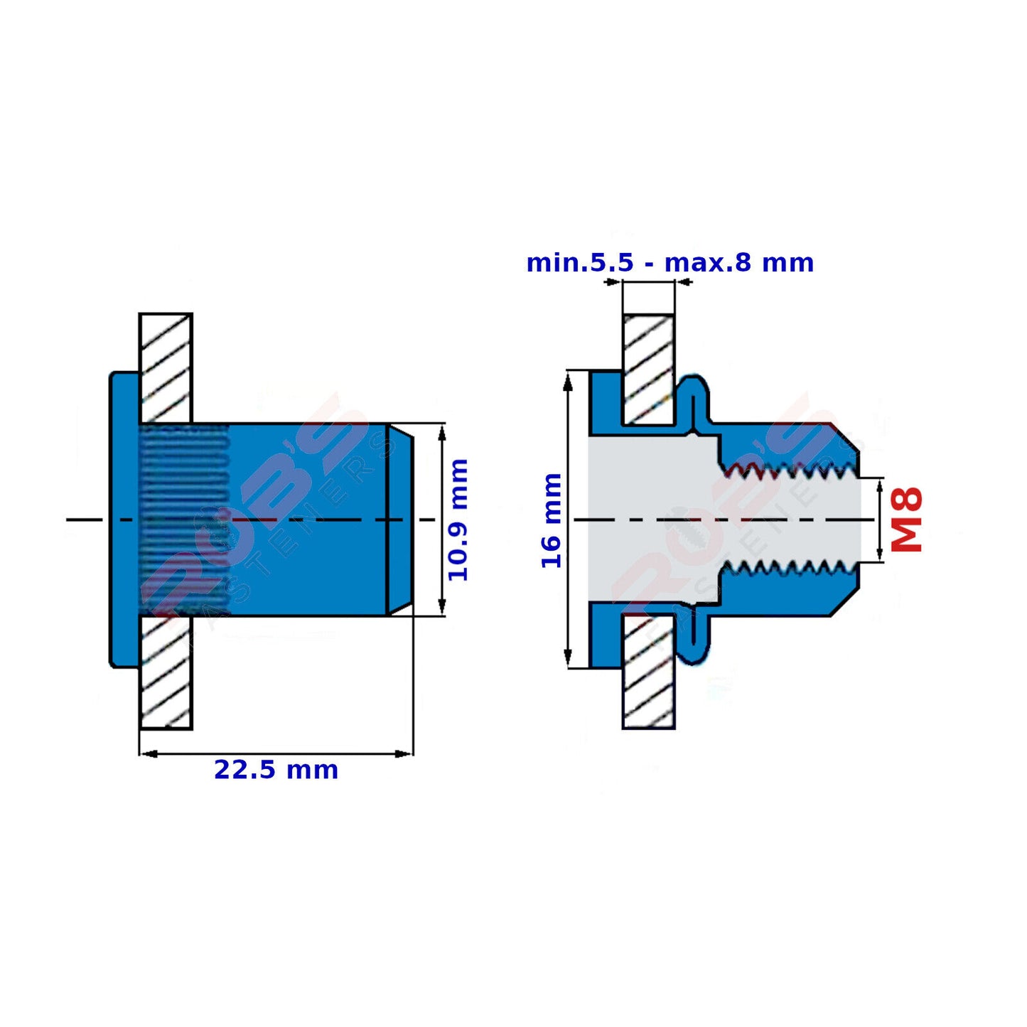 M8 Rivnuts Steel Knurled