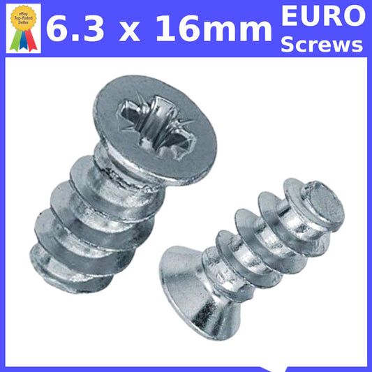 6.3mm x 16mm FURNITURE SCREWS MOUNTING DRAW RUNNERS HINGES FLAT HEAD EURO SCREW