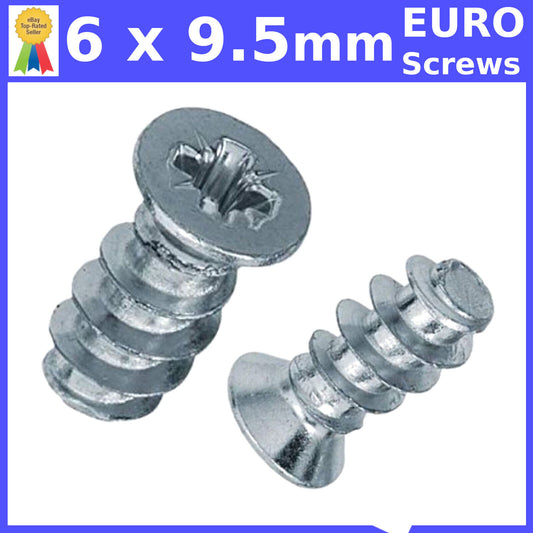 M6 x 9.5mm FURNITURE SCREWS MOUNTING DRAW RUNNERS HINGES FLAT HEAD EURO SCREW