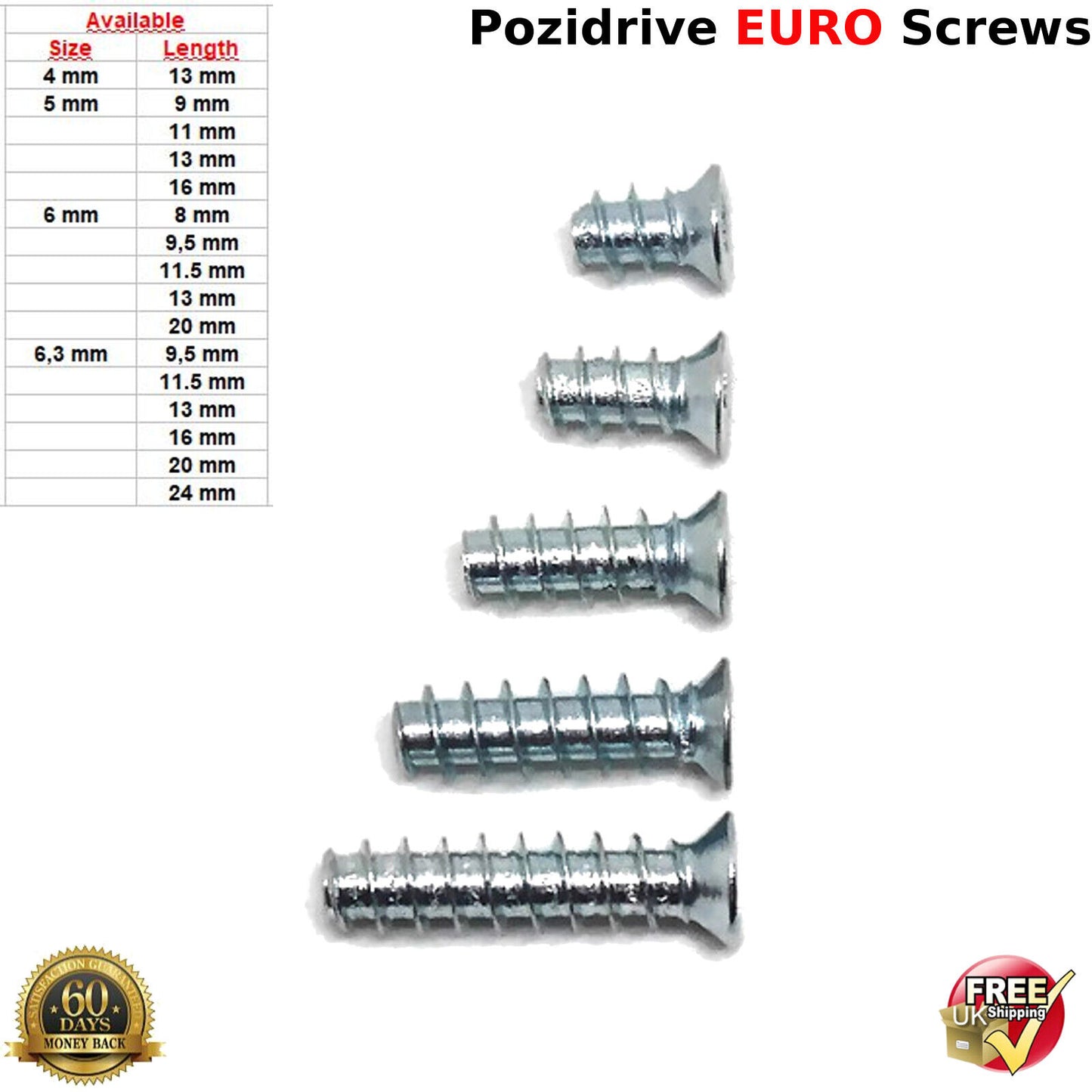 M6 6mm x 8mm FURNITURE SCREWS MOUNTING DRAW RUNNERS HINGES FLAT HEAD EURO SCREW