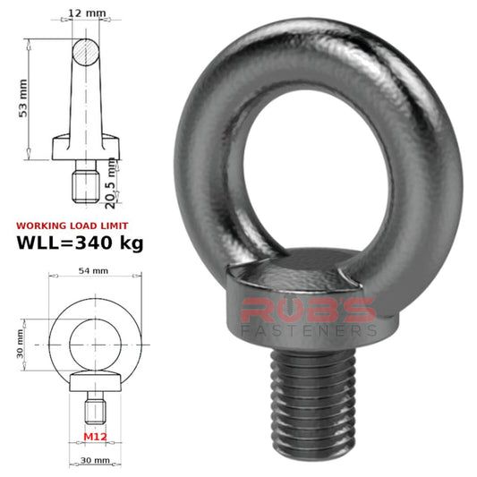 LIFTING EYE BOLTS M12 12 mm BOLT NUTS GALVANIC ZINC MALE METRIC LOAD LIMIT 340kg