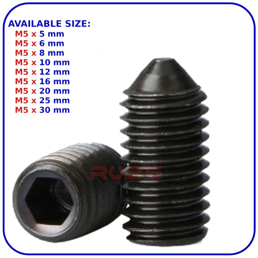 M5 (ø 5 mm) SOCKET GRUB SCREWS CONE POINT BLACK