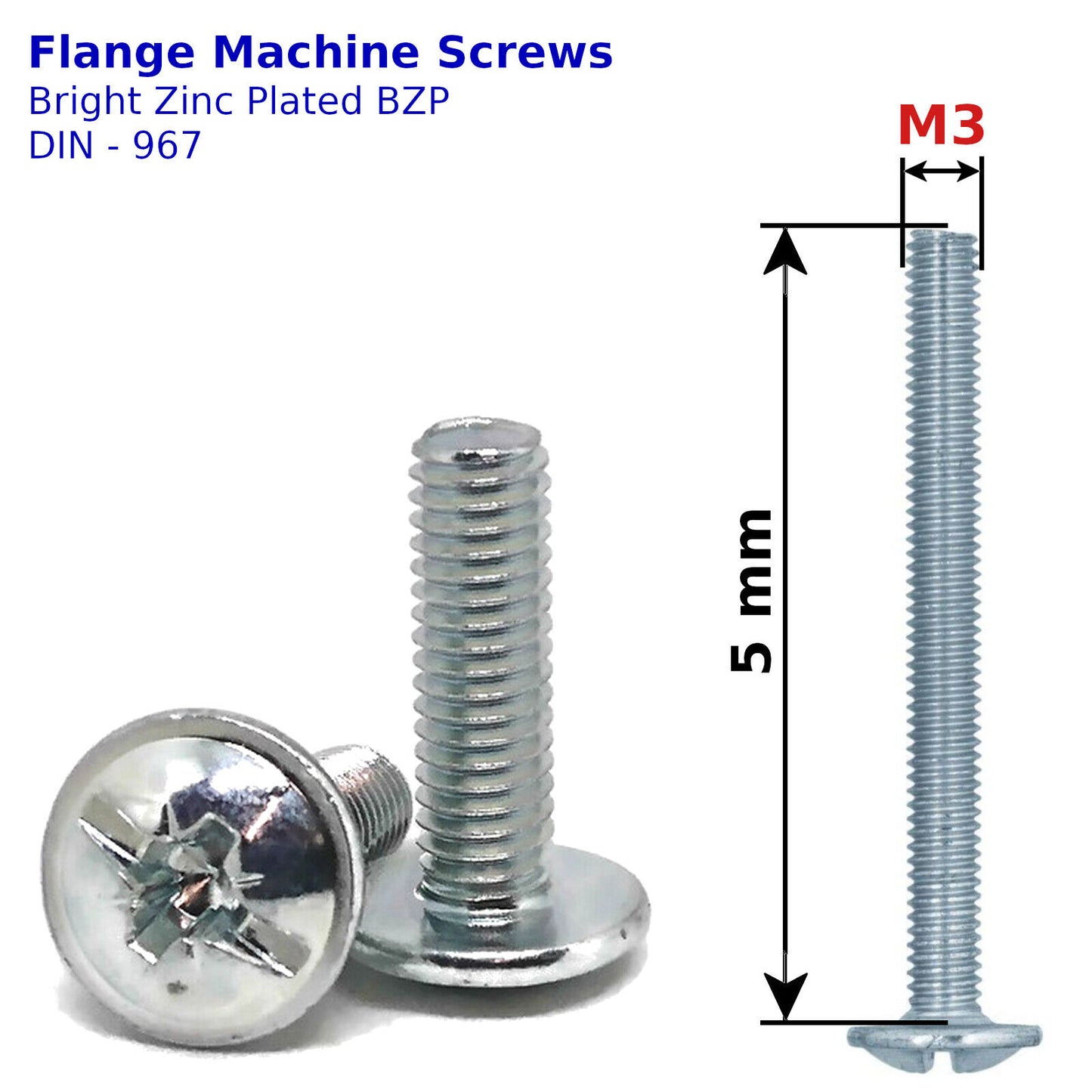M3 x 5mm FLANGE MACHINE SCREWS BUTTON HEAD POZI DRIVE DIN 967 BRIGHT ZINC PLATED