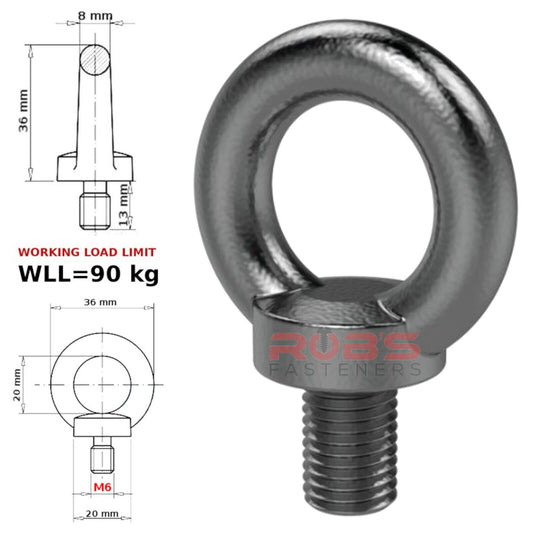 LIFTING EYE BOLTS M6 6 mm BOLT NUTS GALVANIC ZINC MALE METRIC LOAD LIMIT 90 kg