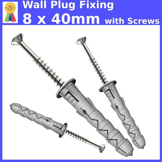 8 x 40 WALL PLUGS FIXING WITH SCREWS BRICK STONE CONCRETE NYLON UNIVERSAL