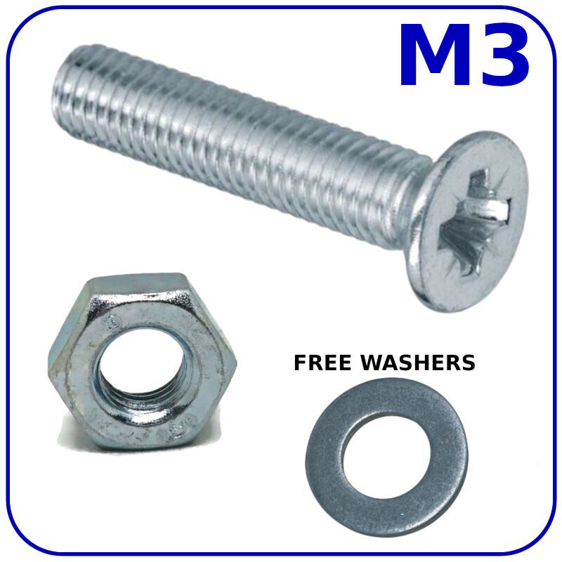 M3 (ø 3mm) MACHINE SCREWS COUNTERSUNK + NUTS & FREE WASHERS