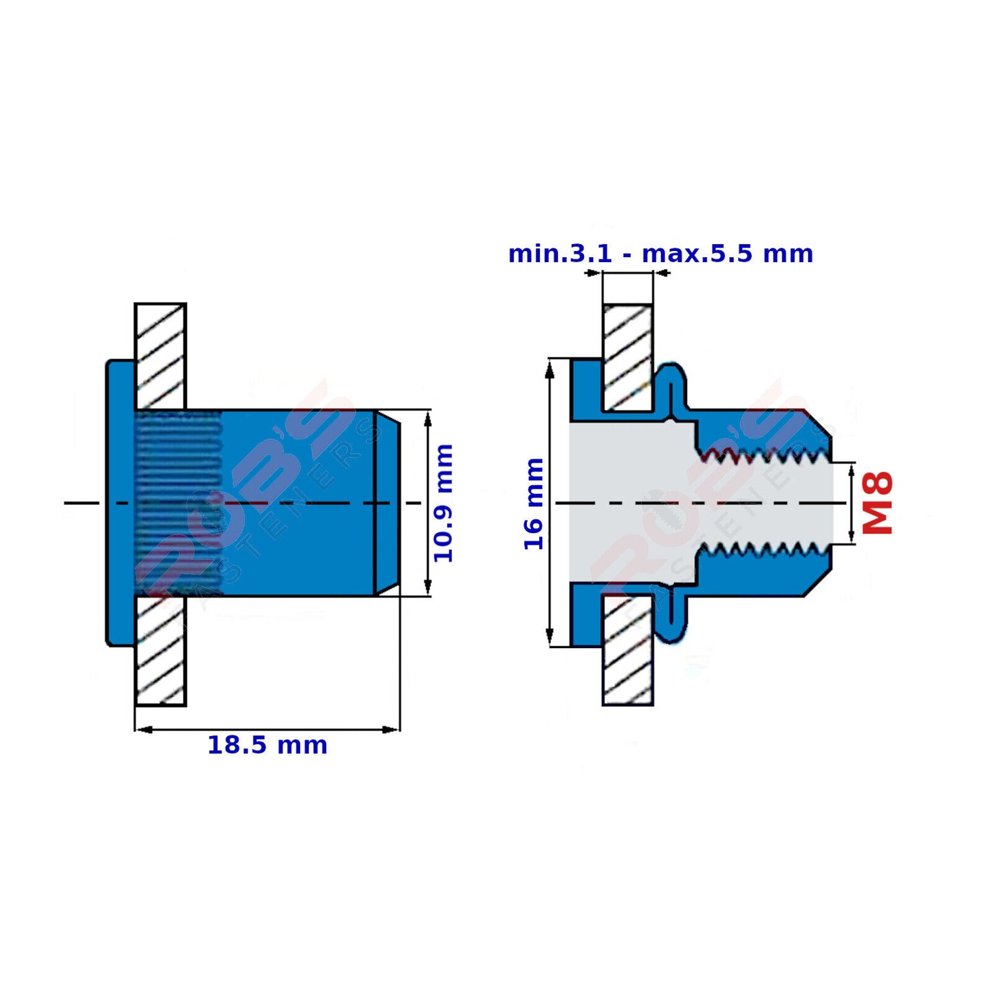 M8 Rivnuts Steel Knurled