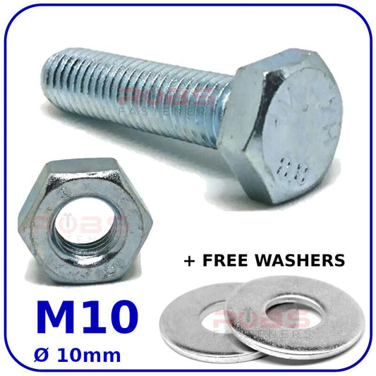 M10 (ø 10mm) SETSCREWS FULLY THREADED + NUTS & FREE WASHERS
