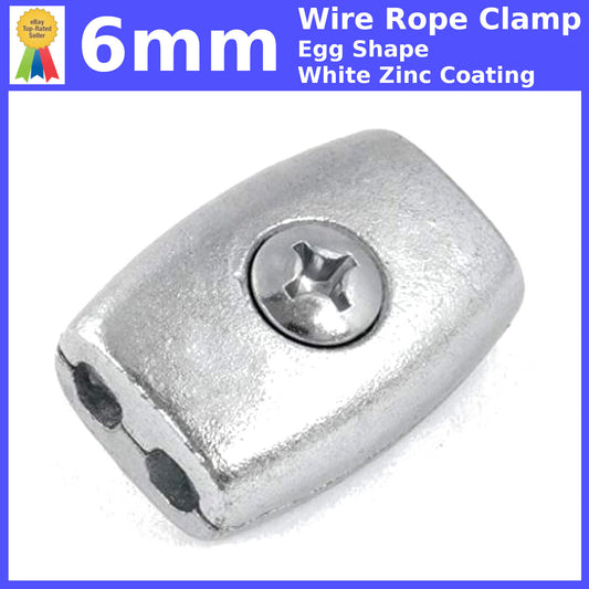 6mm EGG SHAPE WIRE ROPE FITTINGS CABLE CLAMP CLIPS GRIPS WHITE ZINC COATING