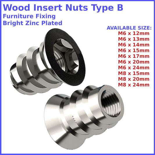 INSERT NUTS M6 M8 FURNITURE FIXING WOOD SCREWS HEX DRIVE METRIC THREAD TYPE B
