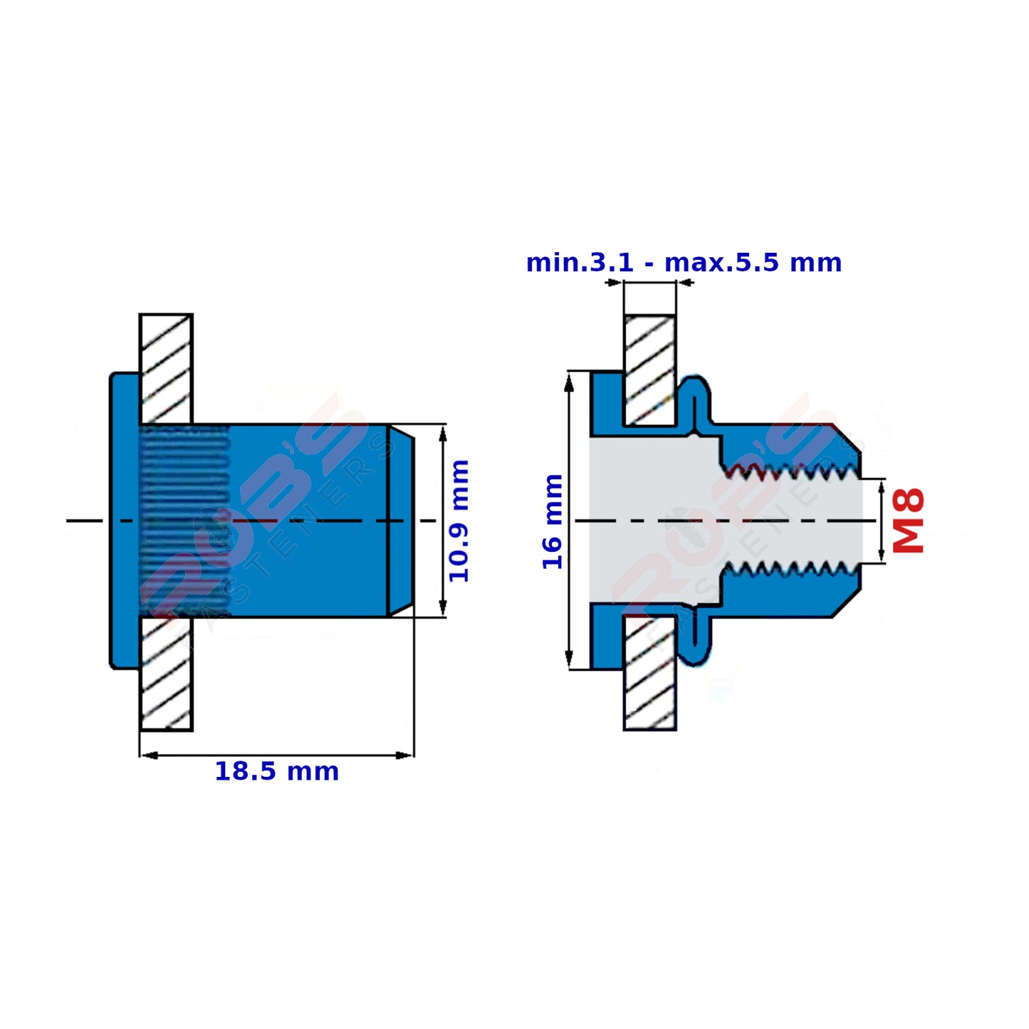 M8 Rivnuts Steel Knurled