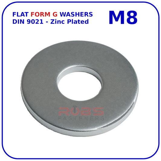 M8 FORM G WASHERS LARGE FLAT WIDE THICK DIN 9021 ZINC PLATED
