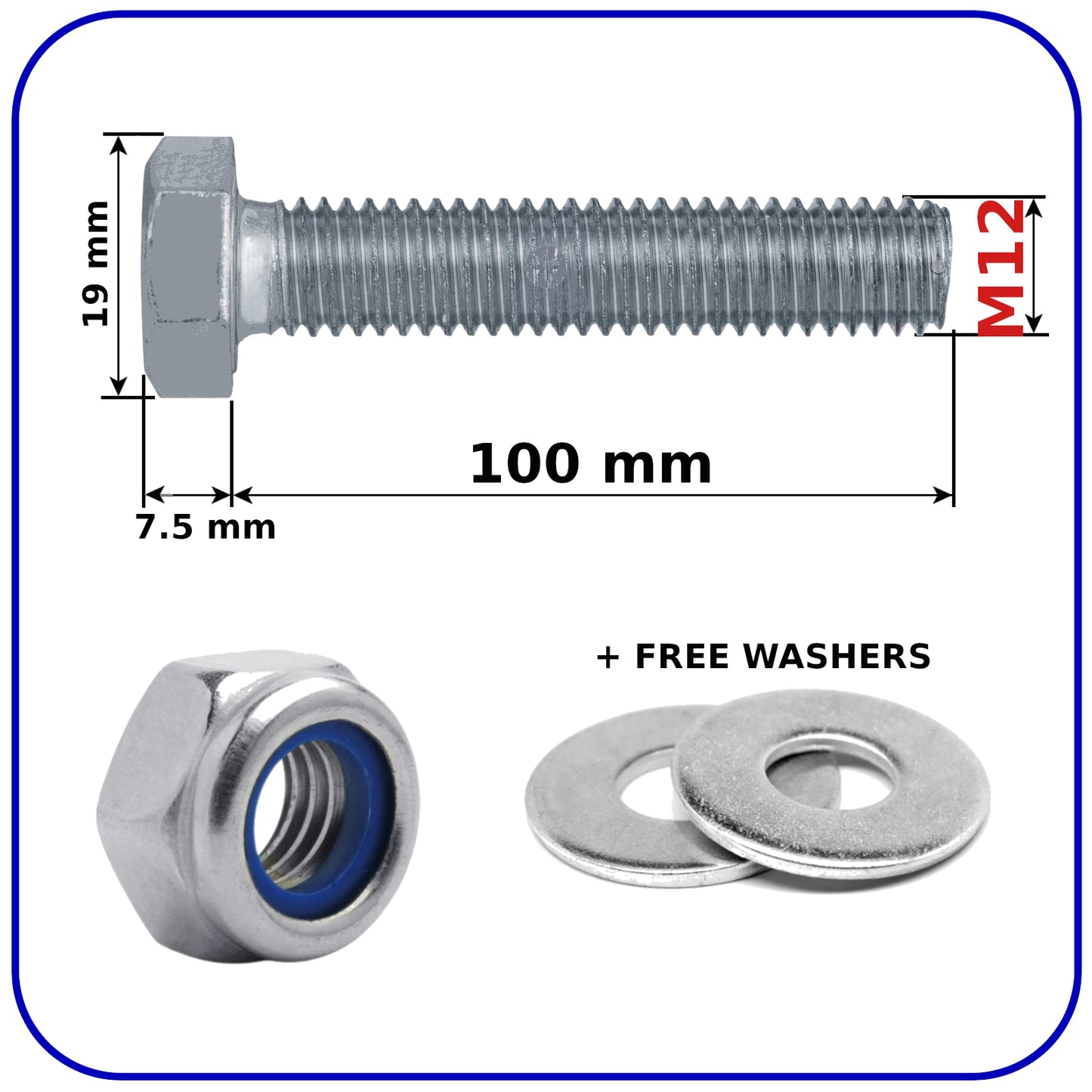 M12 Hex Set Screws Nyloc Nuts and Washers Zinc Plated BZP Full Thread Bolts 8.8