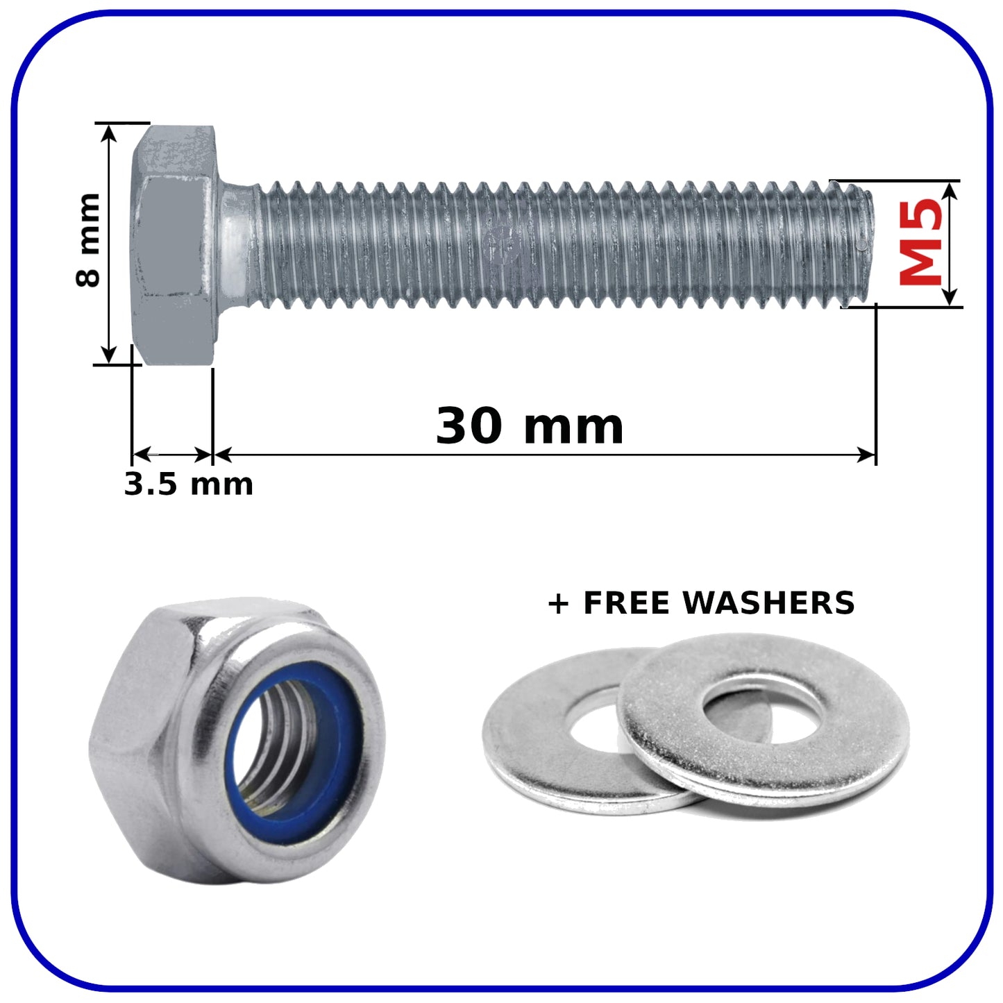 M5 Hex Set Screws Nyloc Nuts and Washers Zinc Plated BZP Full Thread Bolts 8.8