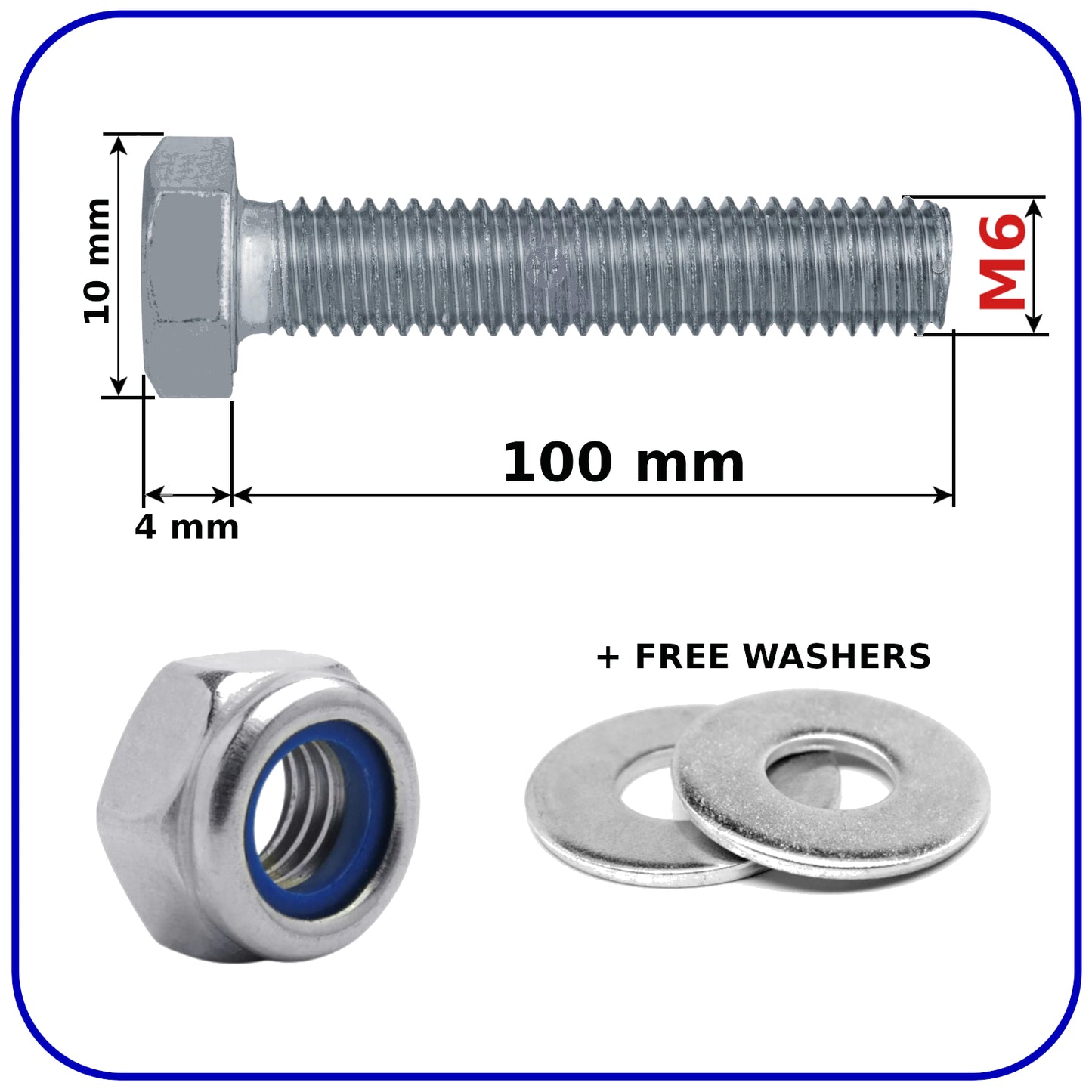M6 Hex Set Screws Nyloc Nuts and Washers Zinc Plated BZP Full Thread Bolts 8.8