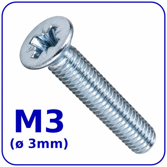 M3 MACHINE SCREWS COUNTERSUNK FLAT HEAD POZIDRIV ZINC PLATED DIN 965