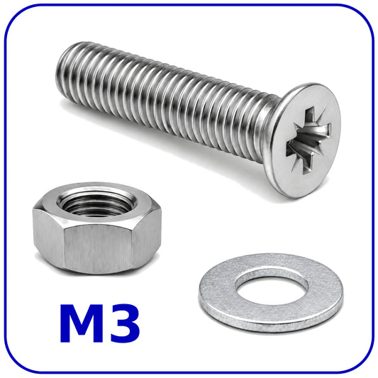 M3 MACHINE SCREWS COUNTERSUNK WITH NUTS AND WASHERS SET ZINC PLATED