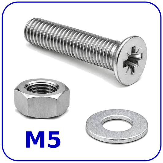 M5 MACHINE SCREWS COUNTERSUNK WITH NUTS AND WASHERS SET ZINC PLATED