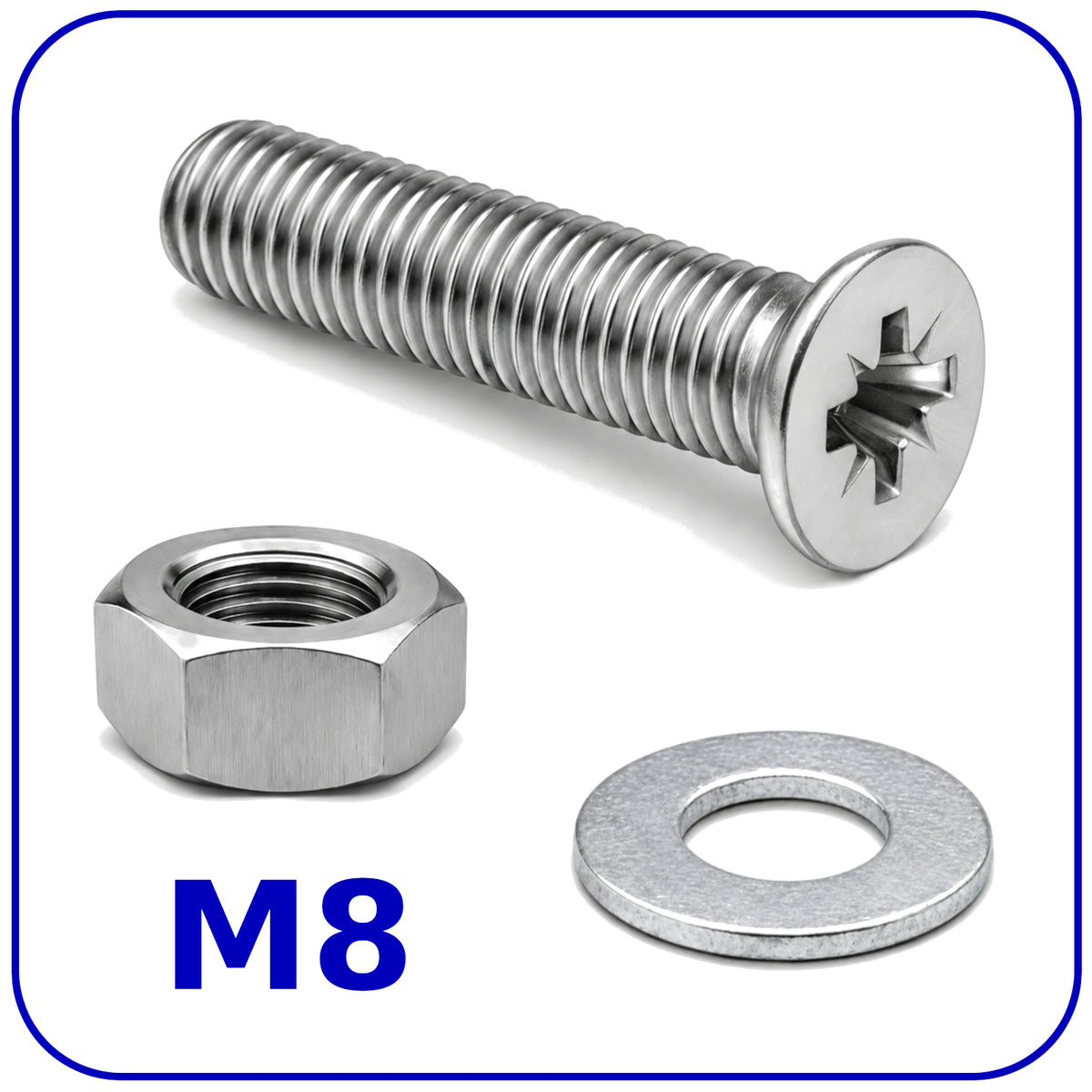 M8 MACHINE SCREWS COUNTERSUNK WITH NUTS AND WASHERS SET ZINC PLATED